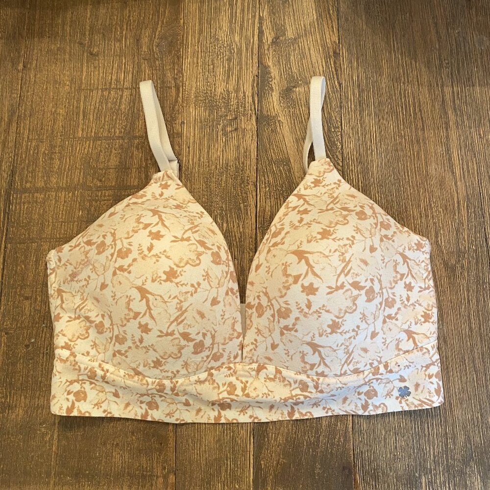 Lucky Brand Wireless Lined T-Shirt Bra 36C Wire-Free White Color Floral Pattern